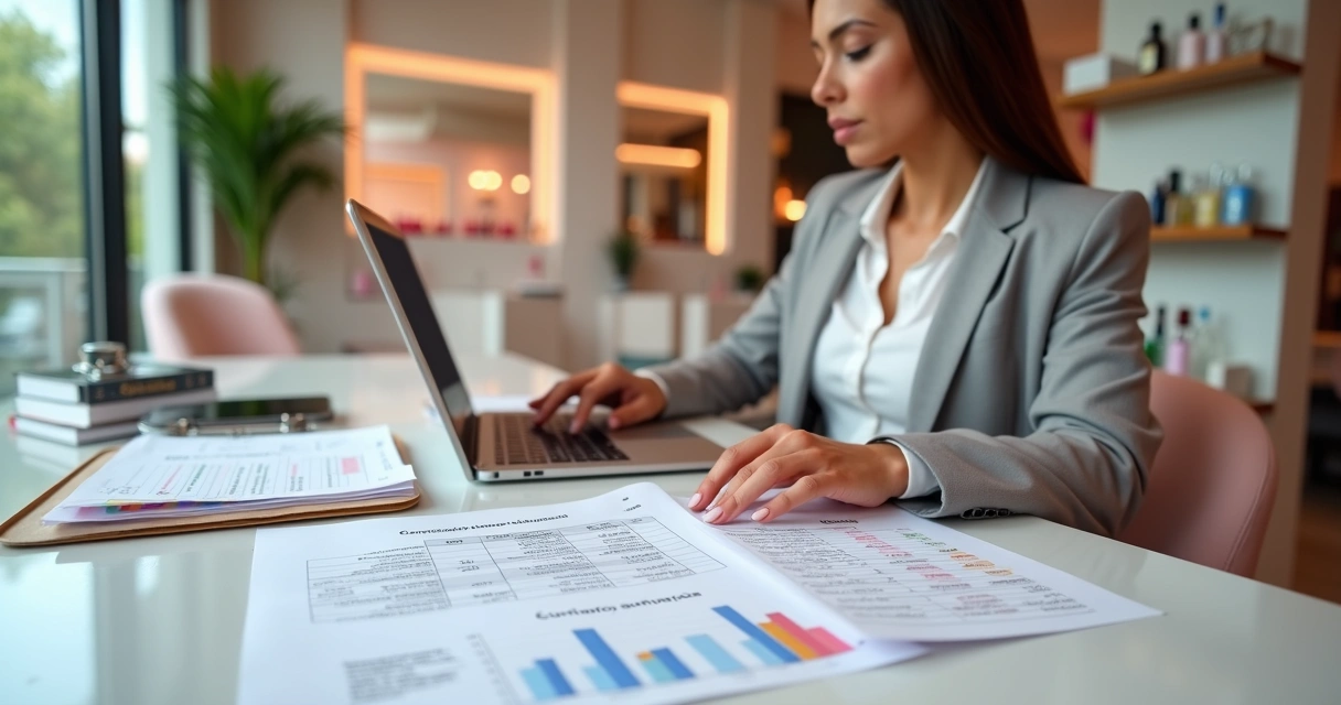 Beauty salon owner at desk comparing client schedule with financial reports 