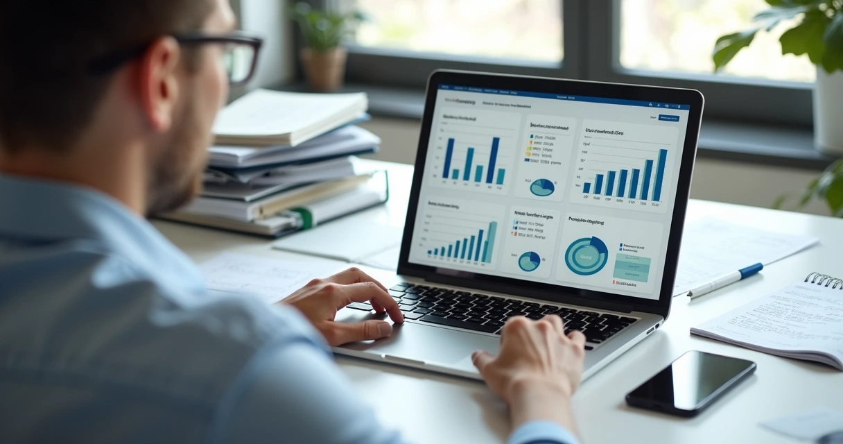 Contador analisando relatórios digitais em notebook e documentos 