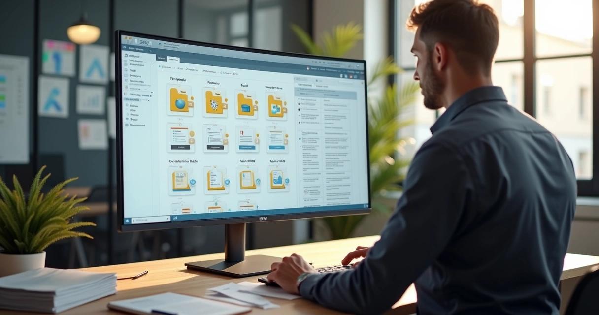Business professional organizing digital folders on a large screen 