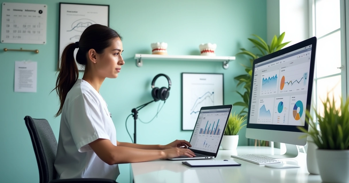 Dentist in modern studio balancing dental work and online business metrics 