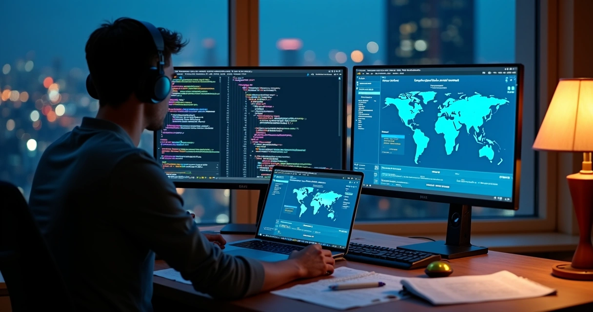 Freelancer developer at night desk coding and reviewing international finance documents 