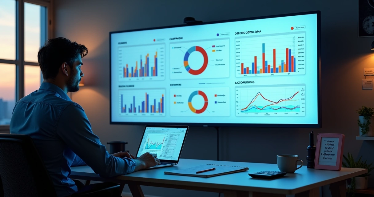 Marketing agency owner reviewing ad campaign data and accounting dashboard on large screen 