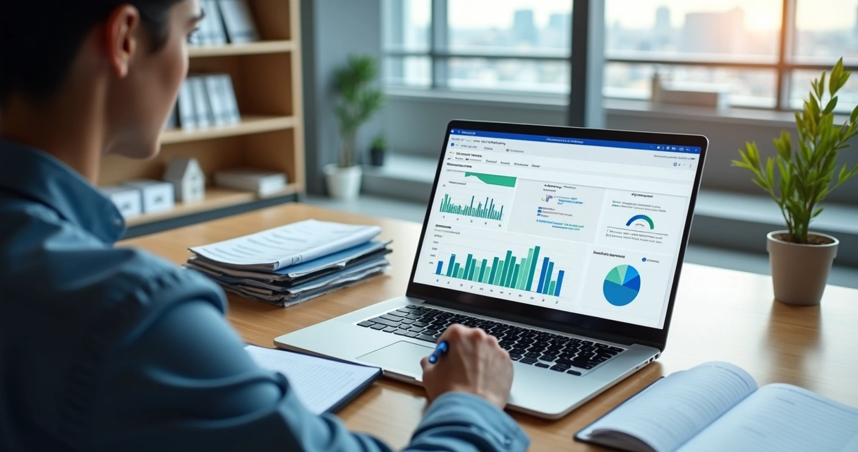 Entrepreneur organizing financial documents on laptop in a modern office 